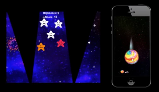 Smartphone mit geöffneter Shooting Star Anwendung, wo eine Farbbombe angeklickt wird. Außerdem ein Display mit teilweise eingefärbten Sternen.